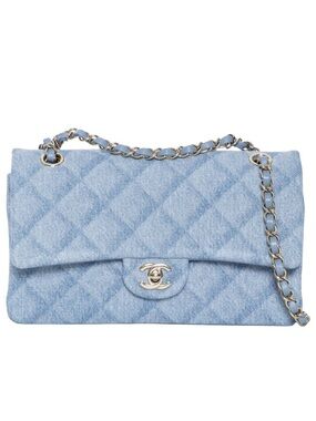 CHANEL Medium Classic Double Flap in Light Blue Printed Denim